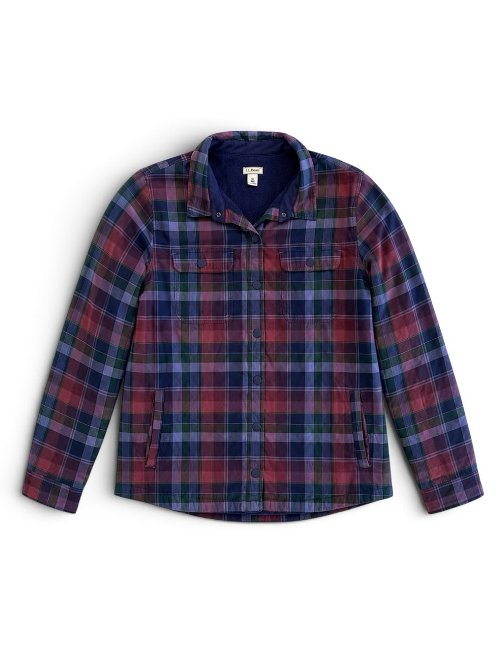 L.L. Bean Fleece Lined Plaid Flannel Shirt Jacket Blue Pink Shacket Medium